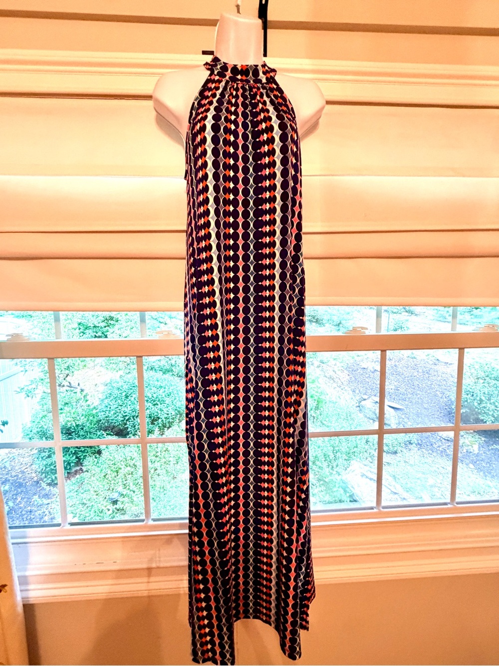 Bar III Navy Maxi Dress Navy and Orange Geometric Print